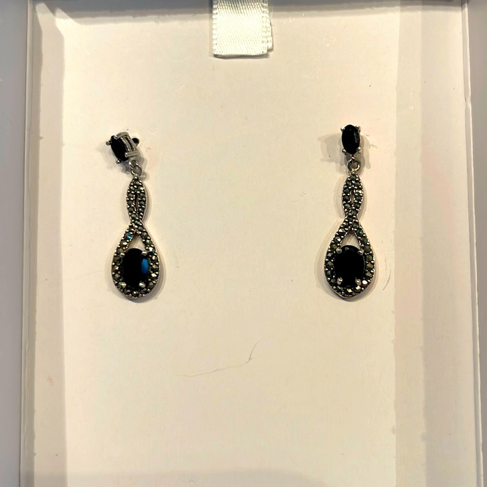 Brand new sterling silver marcasite and onyx drop earrings